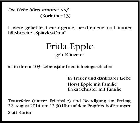 Traueranzeigen Von Frida Epple Stuttgart Gedenkt De