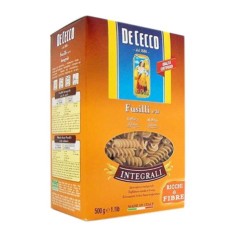 Pasta Fusilli De Cecco Integral No 34 500g Justo Súper a Domicilio