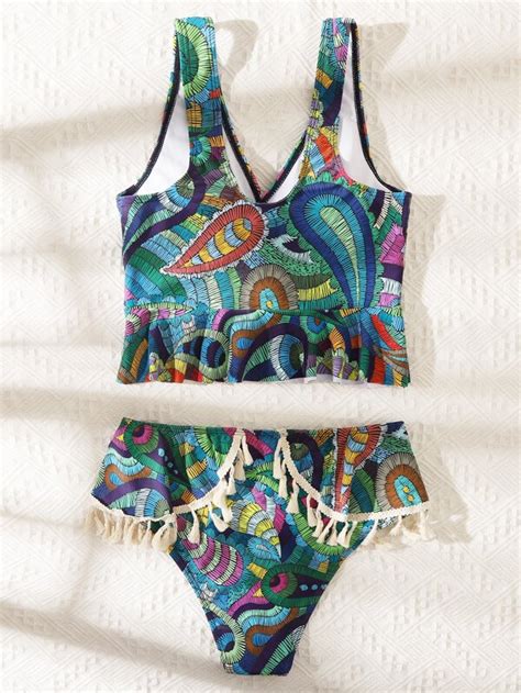 Paisley Print Tassel Trim Bikini Swimsuit SHEIN USA