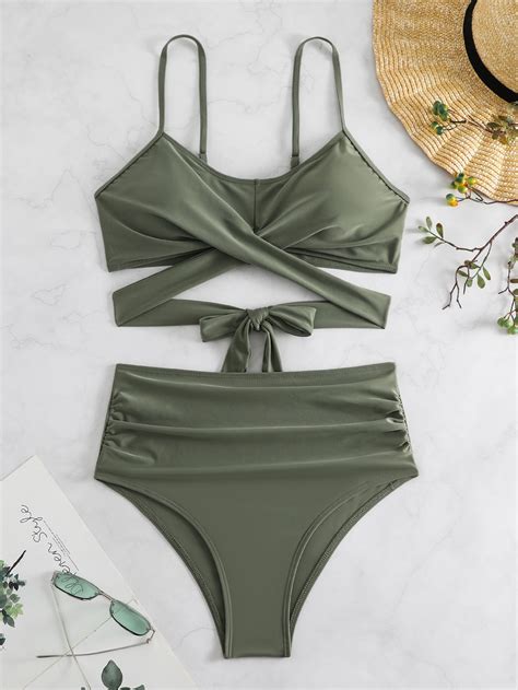 Sexy High Waist Crossover Backless Solid Color Bikini SHEIN USA