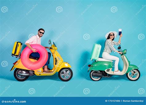 Full Body Profile Photo Of Funny Lady Guy Two People Drive Retro Moped