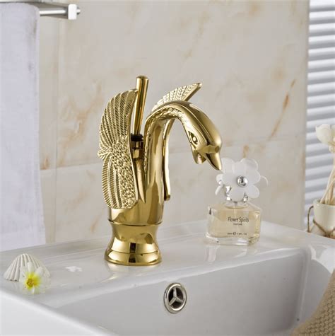 Gold Fancy Basin Brass Faucet Tap Mixer Hot And Cold Spout Inch Height Golden Swan Colour At