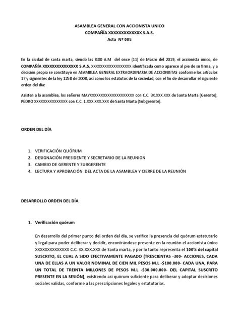 Modelo Acta Nombramiento Representante Legal Pdf Quórum Gobierno