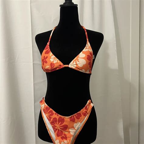 Orange Floral Bikini Set With Adjustable Straps And Depop