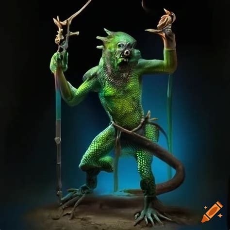 Illustration Of A Lizardman Sorcerer With A Spear On Craiyon