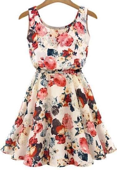 Apricot Sleeveless Floral Pleated Chiffon Dress Shein Sheinside