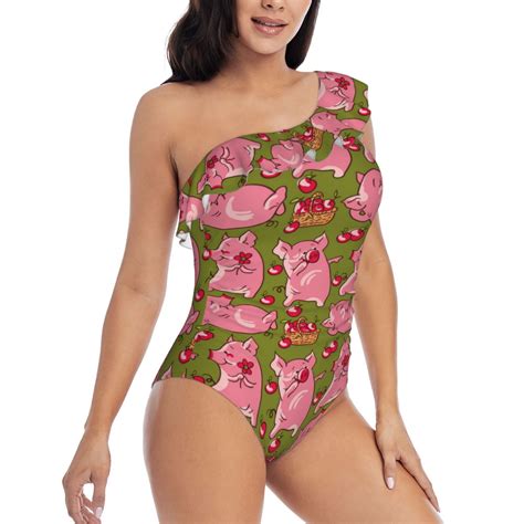 Picia Cartoon Pigs Pattern Women's One Piece Swimsuits,One Shoulder