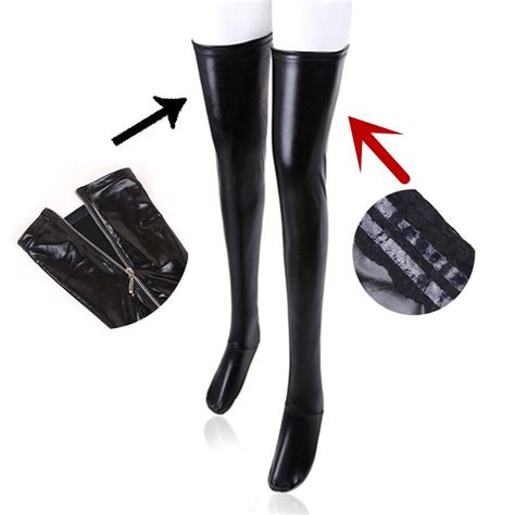 Hot Sexy Nightclub Latex Zipper Sexy Stockings PU Leather Silicone Thigh High Stockings Women