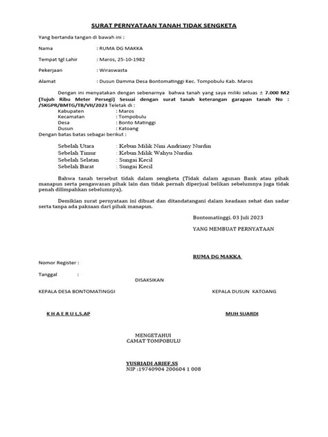 surat pernyataan tanah maros