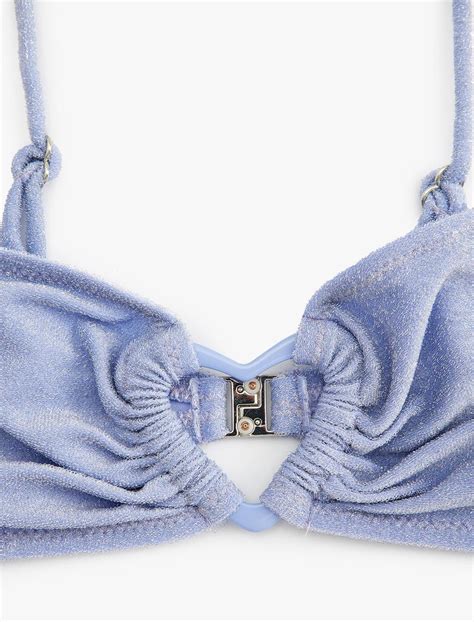Mor Kadın Parlak Straplez Bikini Üstü Çıkarılabilir Askılı Kalp Detaylı Astarsız Dolgusuz