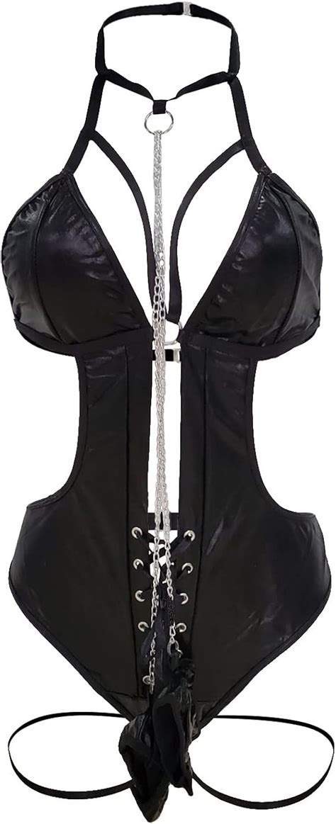 Buy Women Naughty Leather Lingerie Set Choker Halter Bodysuit Role Play Hollow Pu Costumes Sexy