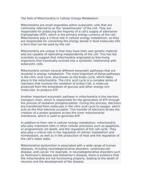 The Role of Mitochondria in Cellular Energy Metabolism - The Role of ...