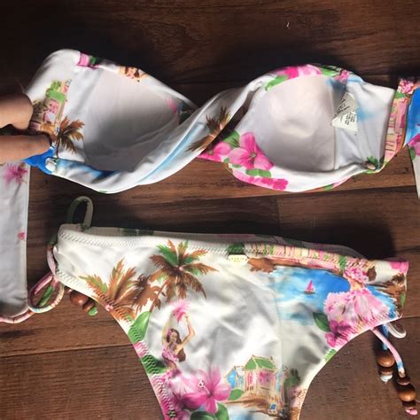 Radio Fiji Swim Hawaiian Strapless Bikini Flowers Palm Trees Hula Poshmark