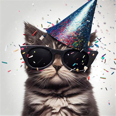 Premium Photo Cute Cat In Party Hat And Sunglasses Generative Ai