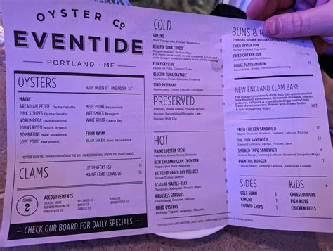 Menu at Eventide Oyster Co. restaurant, Portland