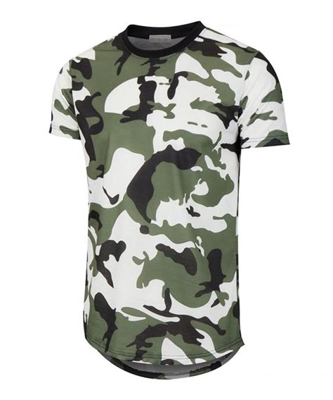 Mens Hipster Hip Hop Ripped Round Hemline Camouflage T Shirt 05mc Green Cr1888qc9nz