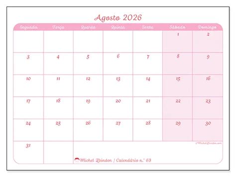 Calendário de agosto de 2026 para imprimir modelo nº 63 Michel Zbinden