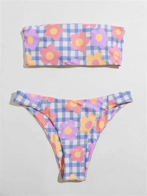 Is That The New Floral Gingham Bandeau Bikini Swimsuit ROMWE USA
