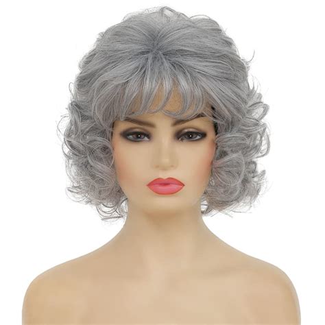 Swiking Short Grey Curly Women Wigs With Bangs Natural Synthetic Hair Layered Old