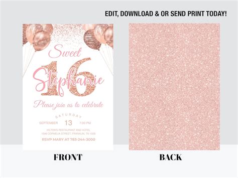 Rose Gold Glitter Sweet Sixteen Birthday Party Invitation Etsy