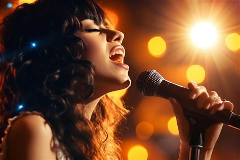 Premium Ai Image A Woman Singing Into A Microphone With The Word Live