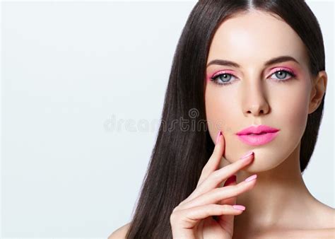 Beautiful Brunette With Long Hair And Pink Lipstick And Manicure Stock Photo Image Of Luxury
