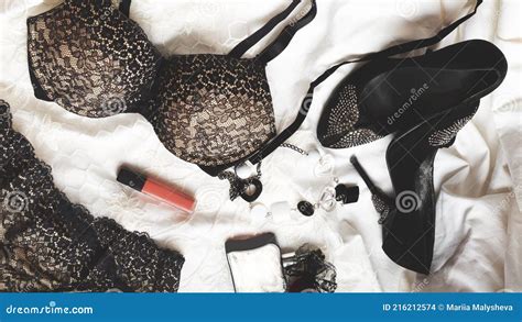 Shopping And Fashion Concept Set Of Glamorous Stylish Lace Lingerie With Cosmetic Products