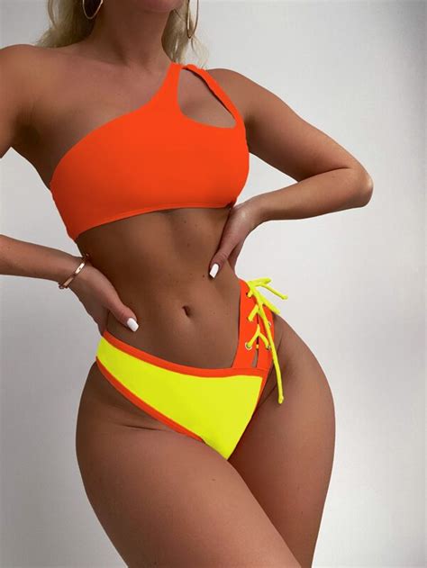 SHEIN Swim Vcay Color Block Asymmetrical One Shoulder Bikini Swimsuit SHEIN USA