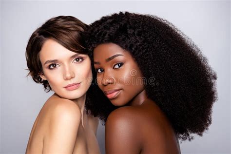 Portrait Of Two Attractive Nude Naked Tender Women Life Partners Bonding Flirty Mood Isolated