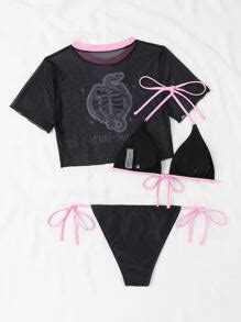 SHEIN SHEIN Swim Y GLAM Skeleton Snake Print Halter Triangle Bikini Swimsuit With Cover Up