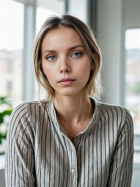 Casual Woman In Striped Shirt With Straight Blonde Hair Indoors