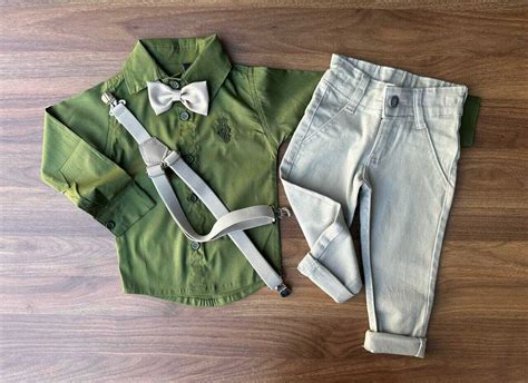 Calça Nude Camisa Manga Longa Verde Musgo e Kit Gravata e Suspensório Infantil