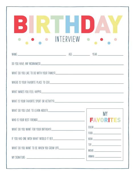 Kids Birthday Interview Printable Printable Kids Yearly Annual