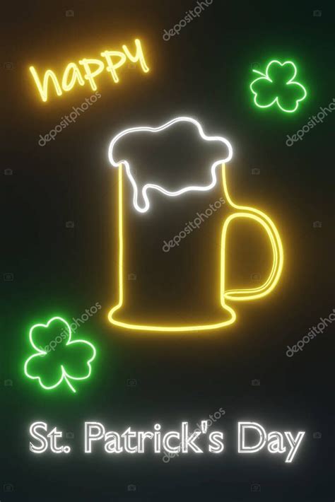 Feliz día de San Patricio noche fiesta neón brillante luz Shamrock