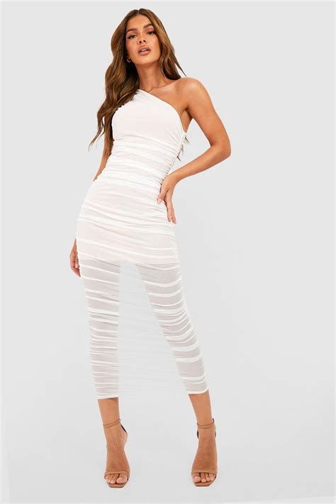 Contract Mesh Ruched Midi Dress Boohoo