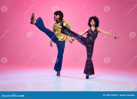 Disco Dreams Dance Duo Man And Woman In Retro Fashion Outfit Dancing In Motion Against