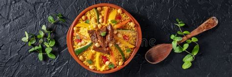 Meat And Vegetable Couscous Panorama Traditional Moroccan Dish Stock