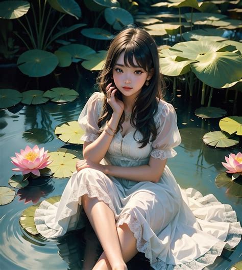 Premium Photo A Beautiful Brunette In A White Wet Dress Is Sitting In The Water A Beautiful Nymph