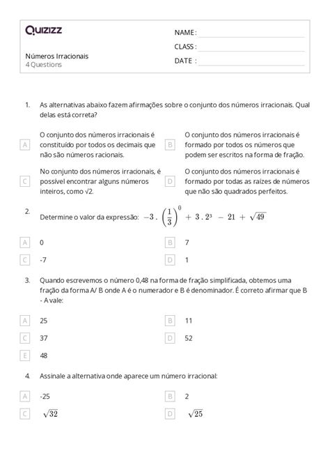 Números Irracionais Imprimível 7ª Série Planilhas Quizizz