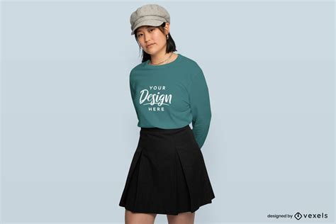 Asian Girl Long Sleeve T Shirt Mockup Psd Editable Template