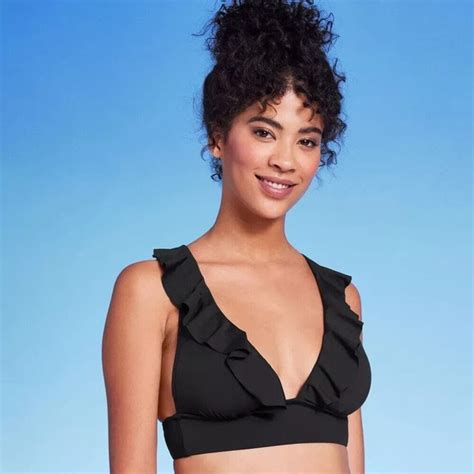 Shade Shore Swim Womens Ruffle Vneck Longline Triangle Bikini Top