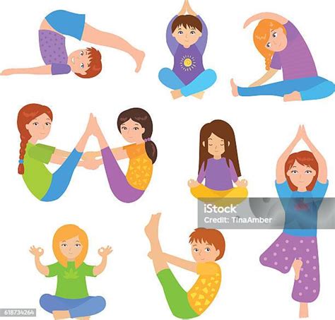 Симпатичные Дети Делают Упражнения Йоги Дети Йоги Набор — стоковая ...