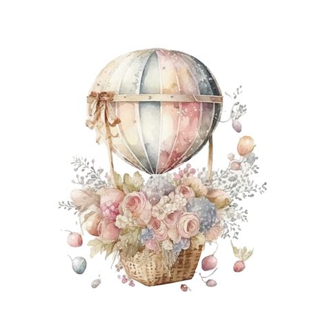 Premium Vector Watercolor Illustration Of A Hot Air Balloon With Flowers And Butterflies