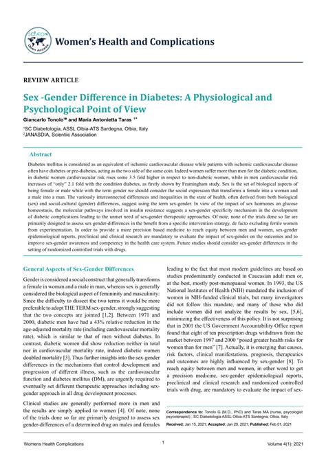 PDF Sex Gender Difference In Diabetes A Physiological And Psychological Point Of View