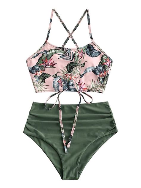 Zaful Women S Criss Cross High Waisted Bikini Sets Tropical Floral Leaf Print Piece Bathing