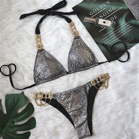 New Sexy Bikini Sexy Bikini With Gilded Snake Print Straps Push Up Bikini Brazilian Bathing