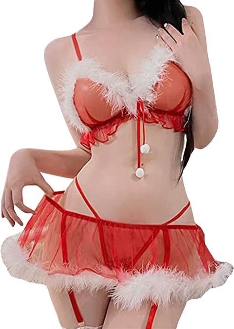 Amazon Oludkeph Women Santa Christmas Lingerie Set Lace Babydoll Mesh Bra Underwear Set
