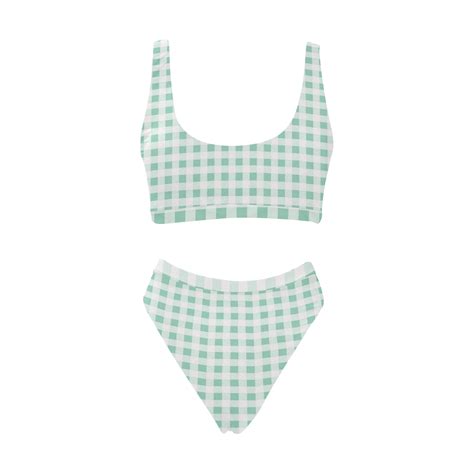 Mint Green Gingham Sport Top High Waisted Bikini Swimsuit Model S07 ID D2863297