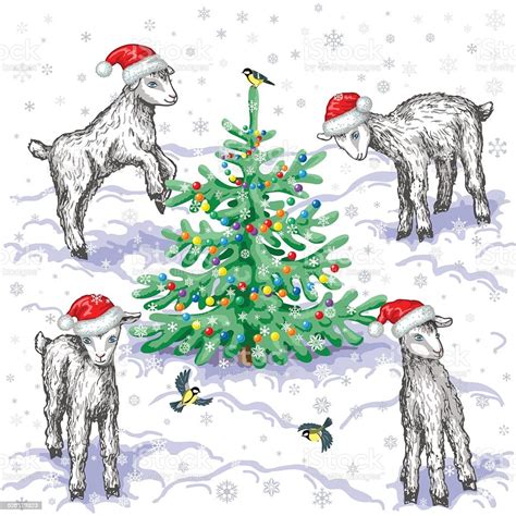 Goats And Christmas Tree Stock Illustration Download Image Now