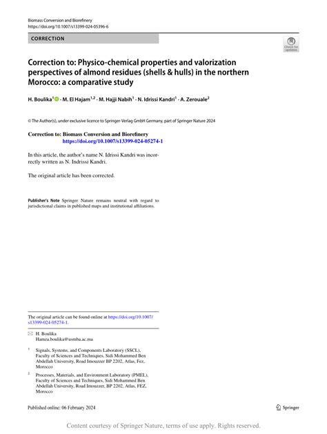 Correction To Physico Chemical Properties And Valorization